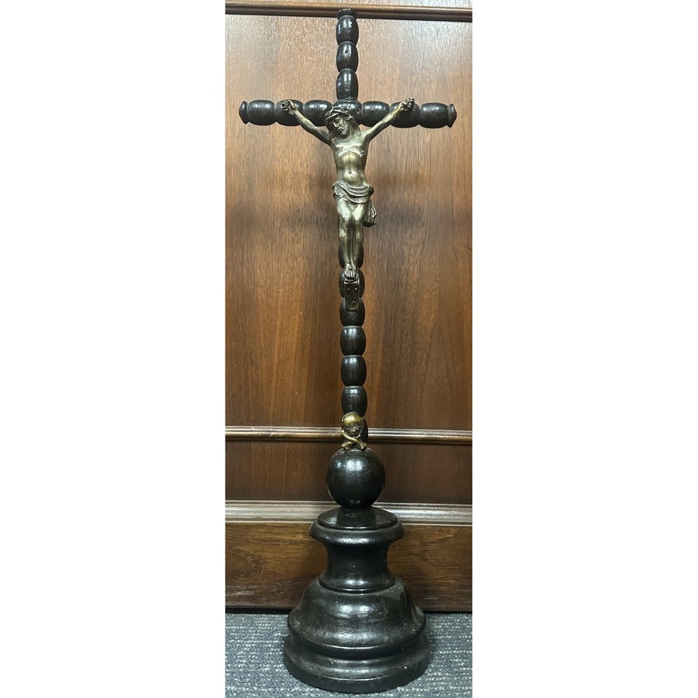 ANTIQUE 19.5" WOODEN CATHOLIC CRUCIFIX METAL CHRIST ALTAR CROSS